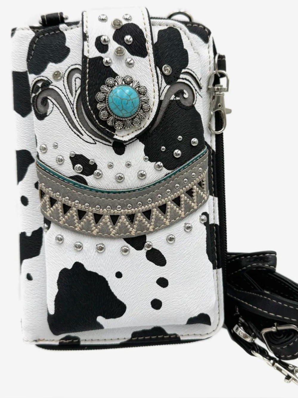 Cowhide-Print Crossbody Phone Bag with Turquoise Concho - Black & White